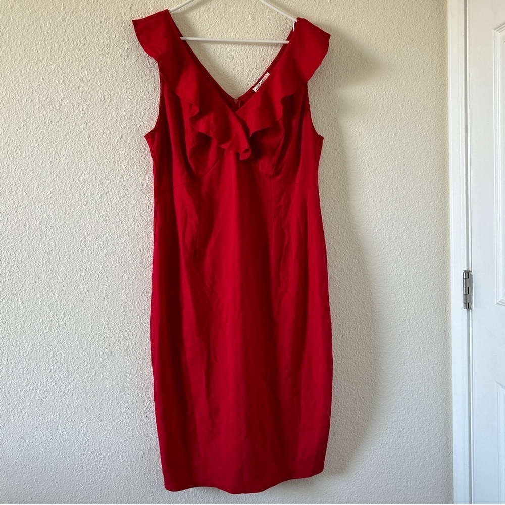 Love & Squared Women’s Midi Dress 2X Red Ruffle Neckline Sexy Date Party